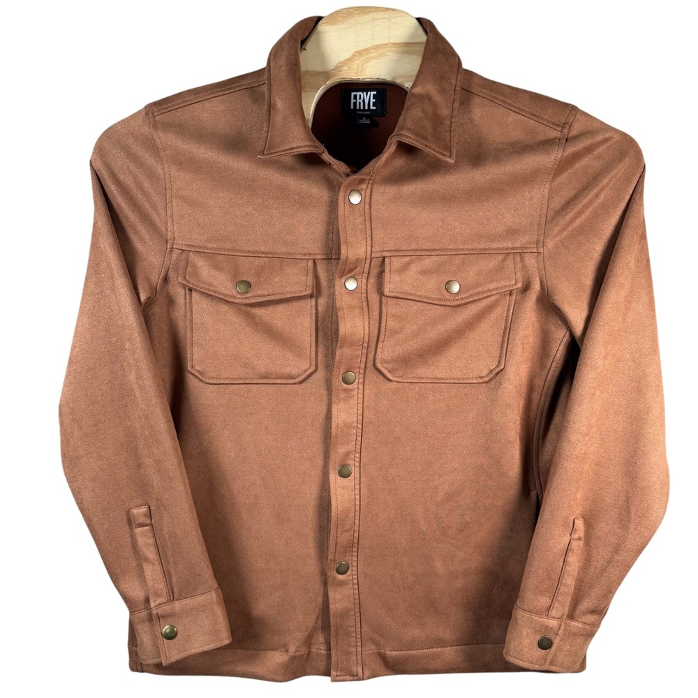 Frye Faux Suede Shirt Jacket Mens Small Cognac Brown Snap Front Western Shacket